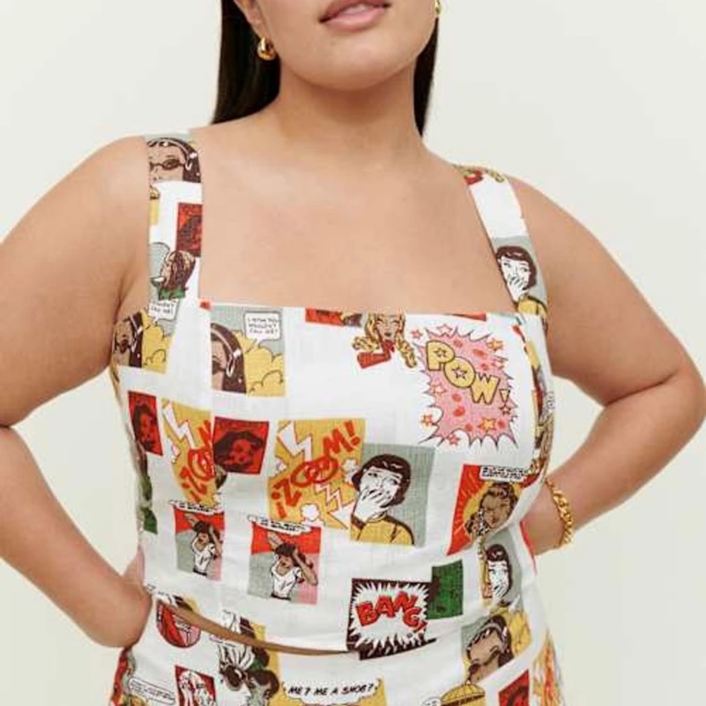 Reformation Vio Linen Graphic Fitted Crop Top